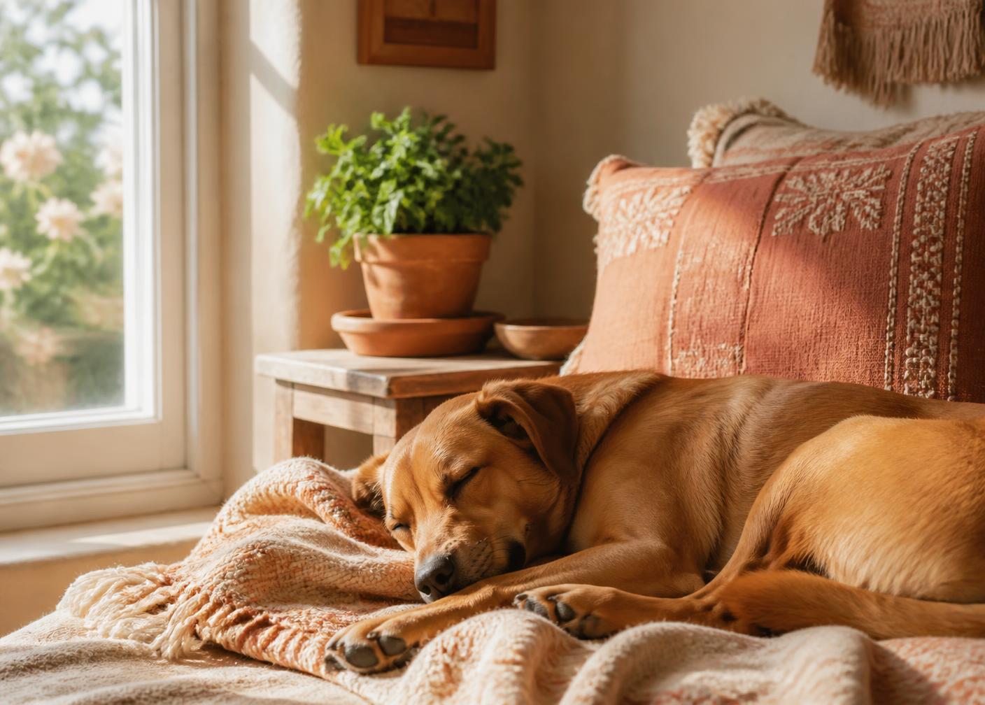 Cane che dorme profondamente e rilassato su una coperta in casa