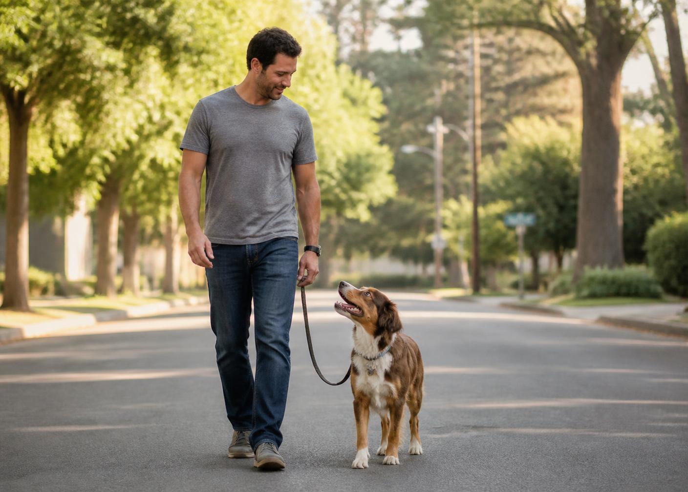 Uomo che passeggia con il proprio cane a guinzaglio morbido